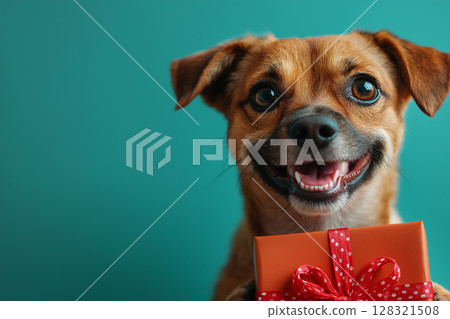 Smiling Chihuahua dog with a gift, ribbon, and present, adorable pet on teal background Smiling Chihuahua dog with a gift, ribbon, and present, adorable pet on teal background 128321508