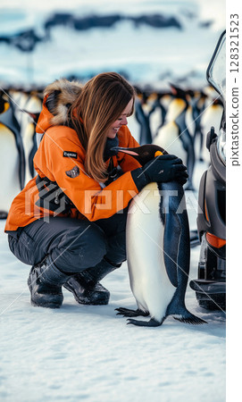 Woman in orange jacket with penguin on icy landscape with king penguins in background 128321523
