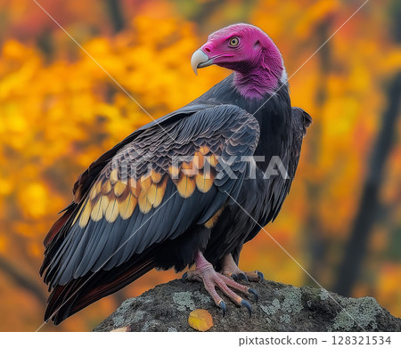 Colorful vulture perched in nature with vibrant feathers and autumn background 128321534