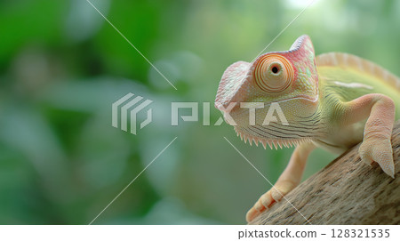 Chameleon and reptile on a green nature background with wildlife and animal features 128321535