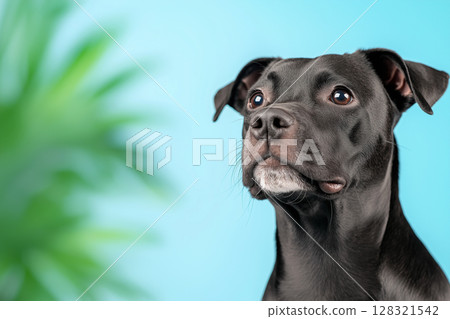 Staffordshire dog portrait with black fur and alert expression against blurred background 128321542