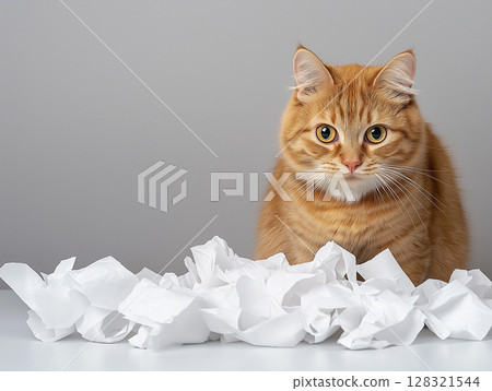 Tabby Feline Cat with Ginger Fur and Whiskers, Curious Eyes, on White Paper Background 128321544