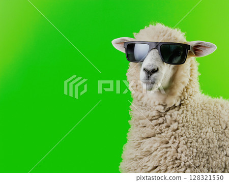 Sheep wearing sunglasses on a green background, showcasing funny fashion and cool attitude 128321550