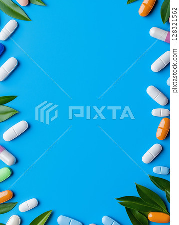 Colorful pills and leaves on a blue background for healthcare and medication composition 128321562