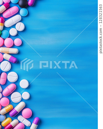 Assorted pills and medication capsules on a blue background for healthcare treatment concepts 128321563