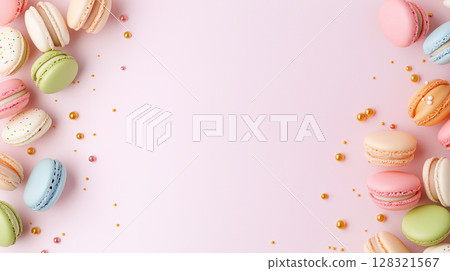 Colorful macarons dessert in pastel background with delicious sweet French confection 128321567