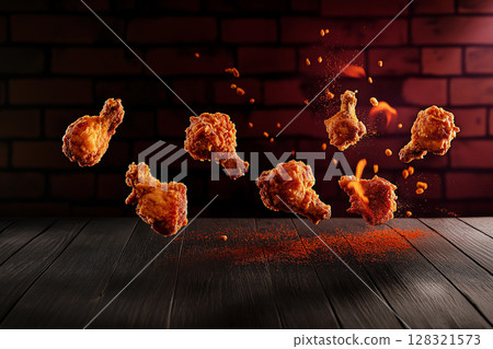Spicy fried chicken drumsticks on orange and wooden background with pepper in dark setting. Spicy fried chicken drumsticks on orange and wooden background with pepper in dark setting. 128321573