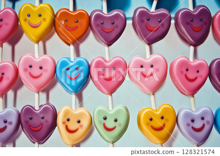 Colorful heart lollipop candy with a smile pattern as a sweet and vibrant background Colorful heart lollipop candy with a smile pattern as a sweet and vibrant background 128321574