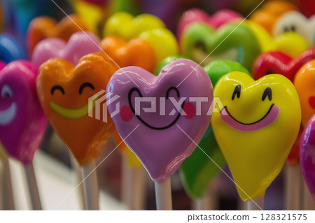 Colorful heart-shaped lollipops with smiling faces, candy delight for fun and cheerful backgrounds 128321575