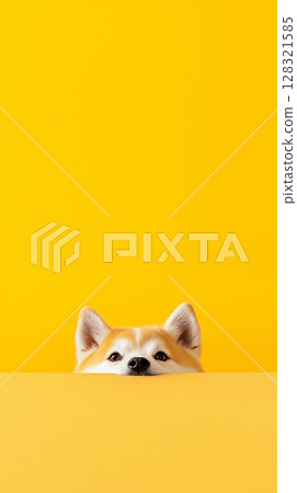 Shiba dog puppy with cute and adorable furry ears on yellow background Shiba dog puppy with cute and adorable furry ears on yellow background 128321585