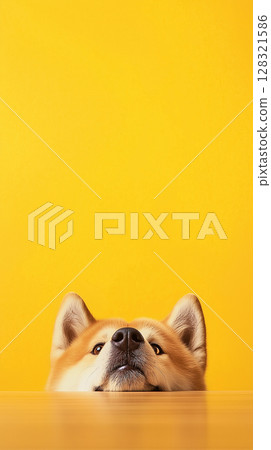 Shiba Inu dog portrait with adorable and curious expression, playful on yellow background 128321586