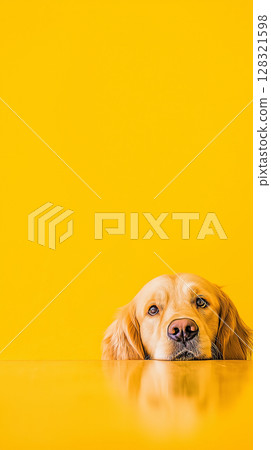 Golden Retriever dog against yellow background - Cute animal portrait featuring adorable pet. 128321598