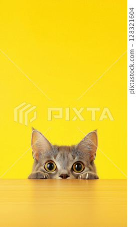 Curious and playful cat with adorable expression and yellow background peeking playfully 128321604