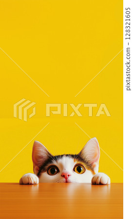 Cute playful cat with adorable ears and whiskers on yellow background 128321605