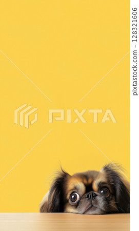 Pekingese dog with cute expression against yellow background, curious pet portrait 128321606