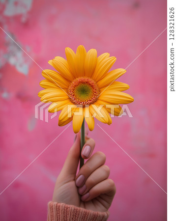 Yellow flower held in hand against a pink background with vibrant nature and floral details 128321626