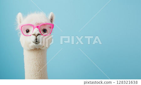 Funny alpaca with glasses on a blue background, fashion animal portrait 128321638