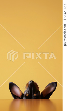 Cute Pinscher with Playful Ears - Portrait of an Adorable Dog on Yellow Background 128321664