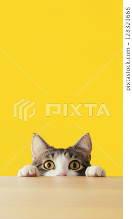 Adorable American Shorthair cat with cute paws and curious eyes on a yellow background. Adorable American Shorthair cat with cute paws and curious eyes on a yellow background. 128321668