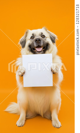 Spitz dog holding a sign on colorful background in studio for photography display 128321718