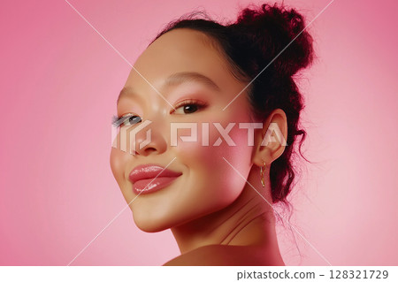 Portrait of a beautiful woman with makeup, pink background, and elegant fashion expression. Portrait of a beautiful woman with makeup, pink background, and elegant fashion expression. 128321729