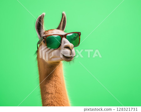 Cool llama with sunglasses and green background showcasing stylish animal fashion 128321731