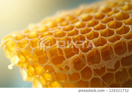 Honeycomb beeswax with a hexagonal texture and natural golden honey from bees pattern sweet 128321732