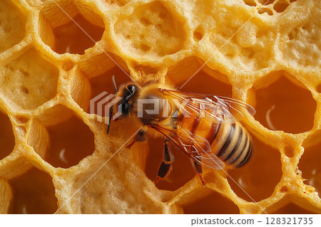 Honeycomb with bee and honey, showcasing natural wax and hexagon pattern in nature imagery 128321735