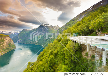 View on Geirangerfjord from Flydasjuvet viewpoint Norway 128321776