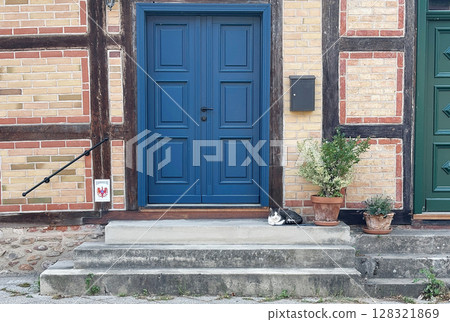 Scenery of a pet cat lying next to the blue door of a traditional German half-timbered house (Fachwerkhaus) 128321869