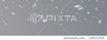 Holographic confetti falling frame. Rainbow light hologram background. Prism lens. Shiny festive decor. Crystal texture. Party celebration. Glamour design. Vector Illustration Holographic confetti falling frame. Rainbow light hologram background. Prism lens. Shiny festive decor. Crystal texture. Party celebration. Glamour design. Vector Illustration 128321934