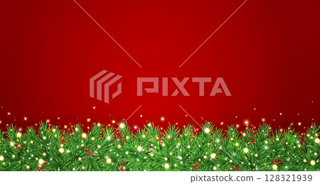 Green fir branches with glitter stars, golden light and berries on red background. Christmas garland border. New Year card. Winter Holiday frame. Xmas evergreen plant banner. Vector illustration 128321939