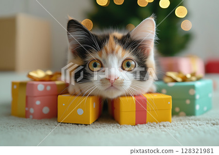 Adorable Calico Cat with Gifts Under the Holiday Tree in a Festive Setting Adorable Calico Cat with Gifts Under the Holiday Tree in a Festive Setting 128321981