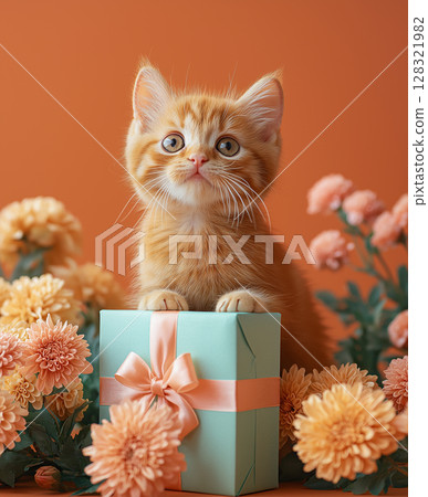 Adorable kitten with orange flowers and gift box, perfect for festive and playful decor Adorable kitten with orange flowers and gift box, perfect for festive and playful decor 128321982