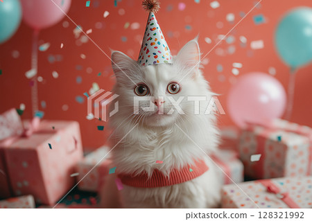 Turkish Angora cat at a festive birthday party with gifts, balloons, and confetti Turkish Angora cat at a festive birthday party with gifts, balloons, and confetti 128321992