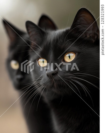 Bombay cats with striking black fur and vivid eyes captured in beautiful feline photography Bombay cats with striking black fur and vivid eyes captured in beautiful feline photography 128321993