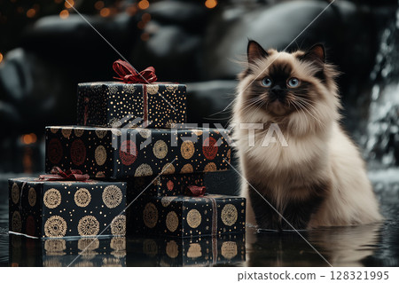 Birman cat with elegant gifts and presents in a festive holiday setting, next to a waterfall. 128321995