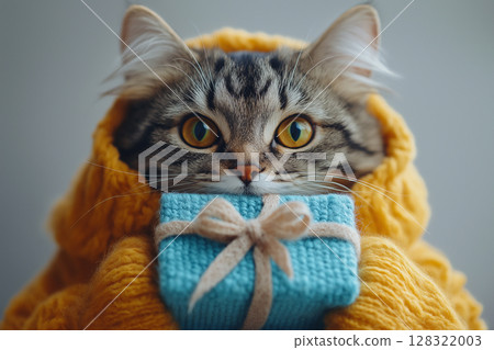 Siberian cat with fluffy fur and cute eyes holding a gift in yellow cozy knit wrap 128322003