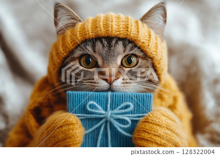 Adorable British Shorthair cat in a cozy knitted outfit holding a blue gift present 128322004