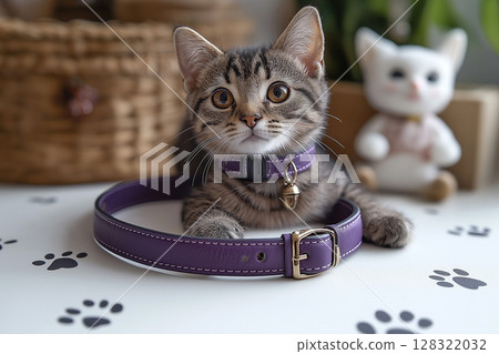 Tabby Kitten with Collar: Adorable Pet Cat Animal Portrait, Cute Domestic Feline with Whiskers Tabby Kitten with Collar: Adorable Pet Cat Animal Portrait, Cute Domestic Feline with Whiskers 128322032