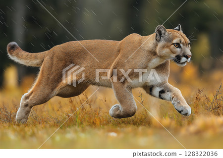 Wildlife shot of a puma running in nature, showcasing rain and big cat grace. Wildlife shot of a puma running in nature, showcasing rain and big cat grace. 128322036