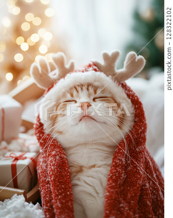 Cat with reindeer antlers enjoying a cozy and festive Christmas surrounded by gifts Cat with reindeer antlers enjoying a cozy and festive Christmas surrounded by gifts 128322102