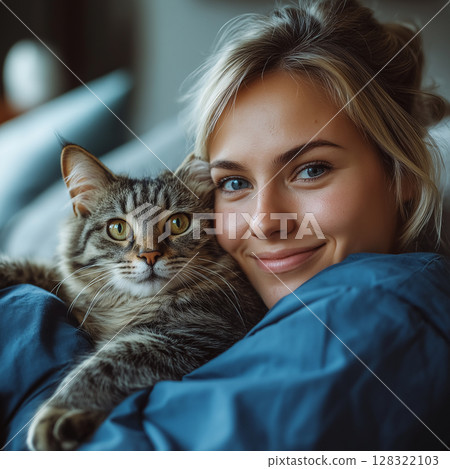 Siberian cat with pet, animal, feline, fur, domestic, cute, companion, cuddly, and woman Siberian cat with pet, animal, feline, fur, domestic, cute, companion, cuddly, and woman 128322103