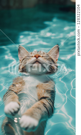 Tabby cat relaxation and swimming in summer pool with pet, water, and sunshine joy Tabby cat relaxation and swimming in summer pool with pet, water, and sunshine joy 128322104