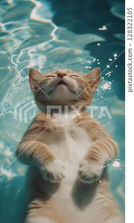Relaxed cat with whiskers enjoying water reflection and serenity in tranquil scene 128322105
