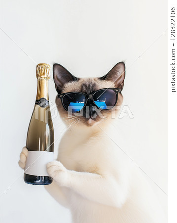 Siamese cat looking cool in sunglasses with champagne, perfect for party and pet stock images Siamese cat looking cool in sunglasses with champagne, perfect for party and pet stock images 128322106