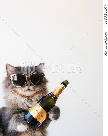 Maine Coon cat wearing sunglasses and holding champagne, perfect for a cool party celebration photo Maine Coon cat wearing sunglasses and holding champagne, perfect for a cool party celebration photo 128322107