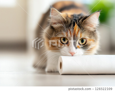 Cute Norwegian cat with colorful fur and bright eyes posing indoors on a paper roll 128322109