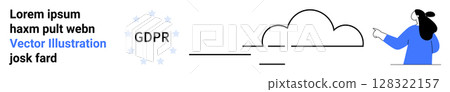 Woman pointing towards cloud icon accompanied by GDPR text and placeholder text. Ideal for data privacy, compliance, cloud storage, technology, cybersecurity, web design, online regulations. Banner 128322157