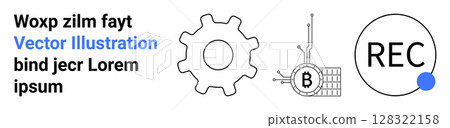 Gear diagram, Bitcoin circuitry, and record button next to text. Ideal for technology, finance, cryptocurrency, broadcasting, engineering, presentations, marketing materials Landing page Gear diagram, Bitcoin circuitry, and record button next to text. Ideal for technology, finance, cryptocurrency, broadcasting, engineering, presentations, marketing materials Landing page 128322158